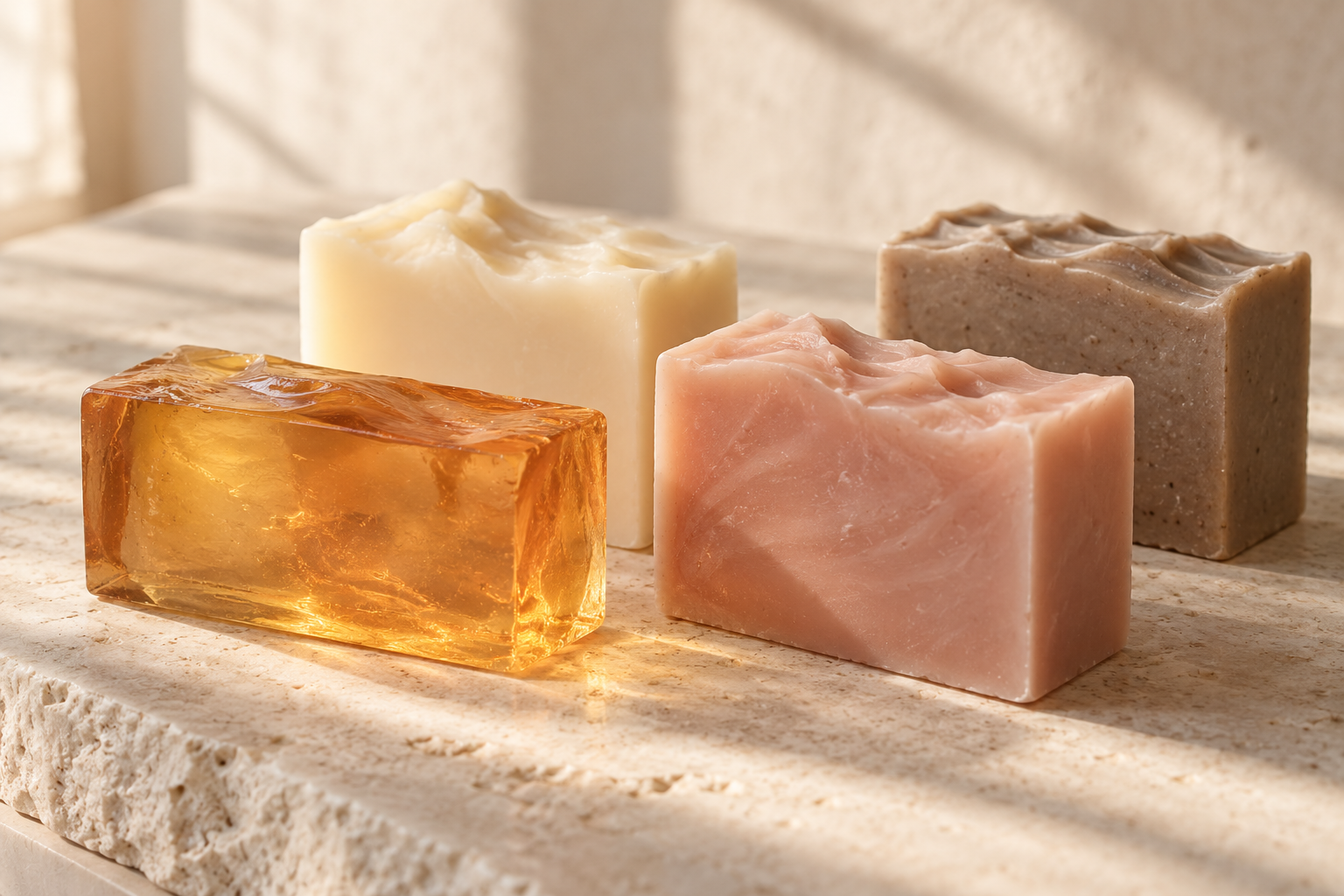 Cuatro jabones artesanales en tonos ámbar, crema y rosa sobre una mesa clara